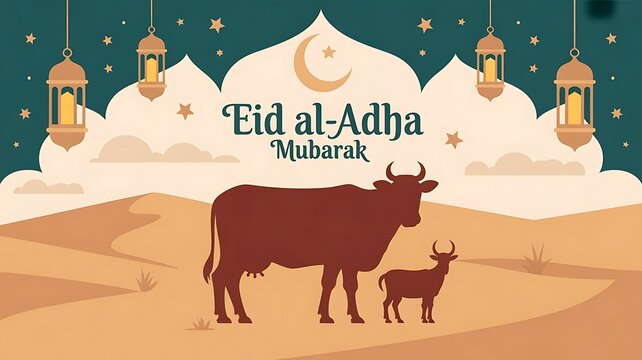 Qurban in Eid Al Adha Mubarak with Mosque, Stars and Lanterns as Background,  Happy 2025 Eid al Adha mubarak banner illustration, social media template, header for website,  created with generative ai