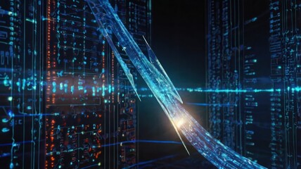 Abstract binary code tunnel representing a digital data space with flowing technology patterns