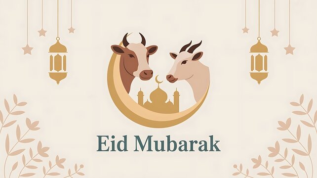 Qurban in Eid Al Adha Mubarak with Mosque, Stars and Lanterns as Background,  Happy 2025 Eid al Adha mubarak banner illustration, social media template, header for website,  created with generative ai