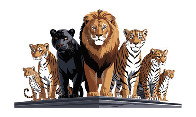 a high-quality modern vector illustration featuring a lineup of big cats in a semi-realistic, includ