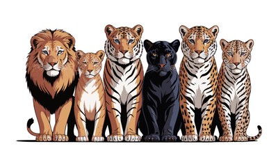 a high-quality modern vector illustration featuring a lineup of big cats in a semi-realistic, includ