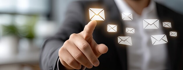 Poster - Close-up of a businessman pointing at bright email icons, showcasing digital marketing and communication in a professional environment