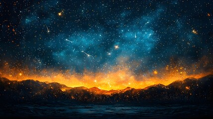 Wall Mural - starry night sky over a glowing mountain range