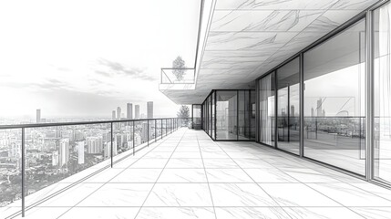 Poster - Minimalist line drawing of a luxurious penthouse balcony overlooking the cityscape