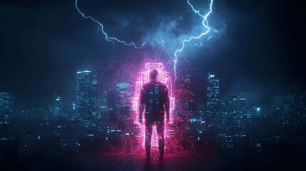Poster - Glowing Figure Silhouette In Night City With Lightning