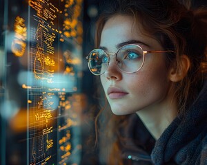 Poster - A thoughtful scientist in glasses contemplates floating data equations