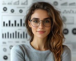 Poster - confident businesswoman analyzing data for successful investment