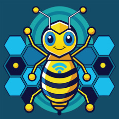 Poster - Bright and cheerful honeybee mascot features algorithmic hexagon patterns in a vibrant design to promote creativity and innovation in technology