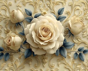 Poster - Elegant floral damask pattern with baroque inspired roses in soft gold and cream