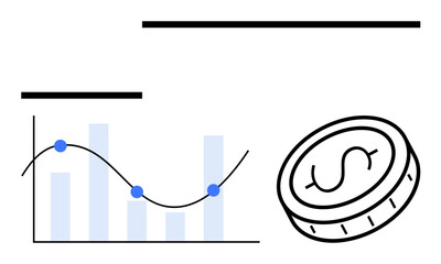 Poster - bar chart with trend line and plot points alongside coin with dollar sign. ideal for finance, econom