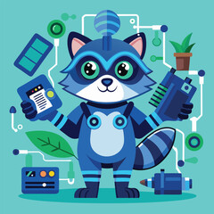 Poster - Raccoon mascot tech specialist with gadgets holding devices and surrounded by technology symbols in a vibrant design