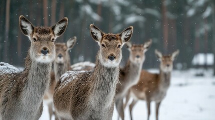 Canvas Print -   A group of deer stood together on the snowy forest floor, surrounded by tall trees