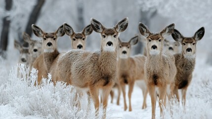 Canvas Print -   A group of deer gathered together on a snow-covered meadow with surrounding trees and vegetation