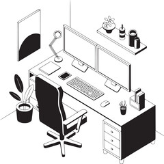 Aufkleber - Isometric view of a desk setup with dual monitors and office accessories art