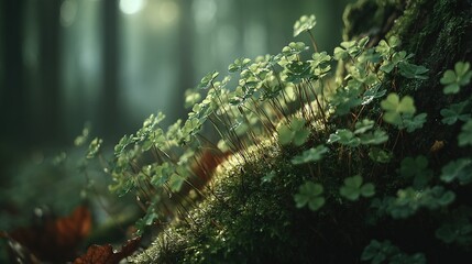 Wall Mural - a close-up of a plant growing on a mossy wall in a forest with sunlight filtering through the trees