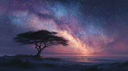 Wall Mural - a beautiful painting depicts a star-studded night sky over a tree in the foreground and an ocean in 