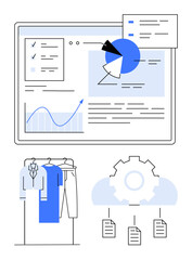 Poster - computer screen with graphs, pie charts, and uploaded documents, gear connected to cloud and files, 