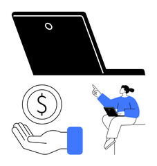 Poster - woman seated with a laptop pointing, open laptop, hand with dollar coin. ideal for financial advice,