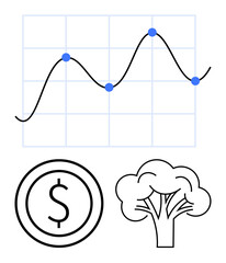 Poster - graph with trend line and blue points, dollar coin, and tree. ideal for business, finance, sustainab