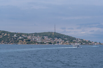 Poster - Serene view of Prince Islands with a boat cruising on calm waters under a cloudy sky