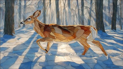 Canvas Print -  Painting of deer in snowy forest with sunlight filtering through trees