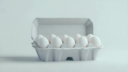 Aufkleber - Pristine white eggs nestling inside open cardboard carton, presenting clean minimalist composition against seamless white backdrop, highlighting natural freshness and simple elegance