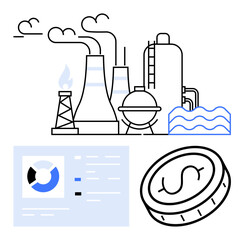 Poster - industrial plant with chimneys, energy operations data, coin symbolizing cost. ideal for industry, m