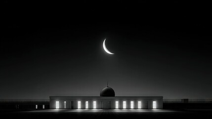 Wall Mural -   A monochrome image depicts a nighttime building scene with a half-moon and illuminated structure