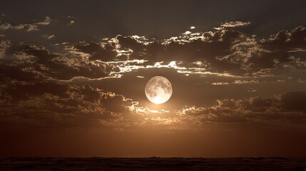 Wall Mural - a full moon in a cloudy sky above water with a boat in the foreground and clouds in the background
