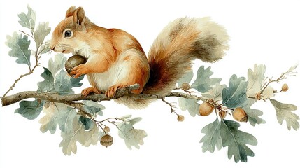 Canvas Print -   A watercolor depiction of a squirrel perched on a tree limb, holding acorns and nuts within its jaws