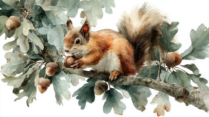 Canvas Print -  Watercolor squirrel eating nut, tree branch, acorns