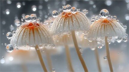 Wall Mural - three white flowers with orange centers in raindrops on a gray background, framed by black and white