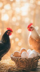 Poster - Contrasting black and light brown hens standing near wicker basket brimming with fresh eggs, resting on golden straw with softly blurred background