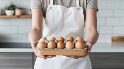 Poster - Female farmer wearing protective apron presenting fresh brown eggs, highlighting sustainable agriculture and local farming practices within modern kitchen environment