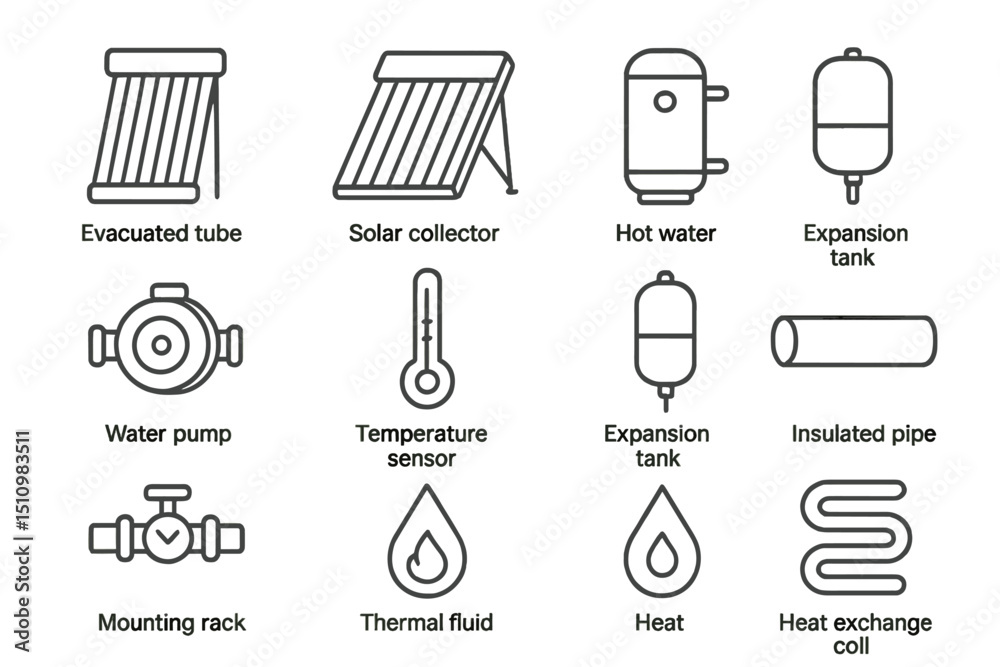 Solar water heating system components diagram with icons and labels ...