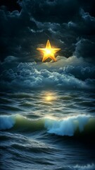 Wall Mural - a star is floating in the ocean. the water is dark blue. the sky is cloudy. the star is shining brig