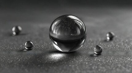 Wall Mural - a monochrome image of a transparent sphere on a reflective surface with water droplets underneath