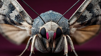   A close-up of a moth's head on a purple background with a black and white checkerboard pattern