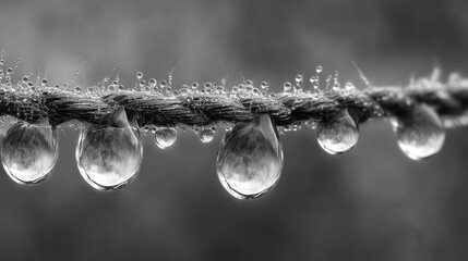 Wall Mural -   A single water drop dangles from a plant's stem, while multiple droplets cling to its stems