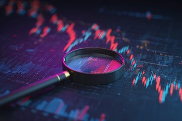 Poster - The combination of data analysis, SEO, and AI generative tools is symbolized by a magnifier, charts, and graphs against a vibrant ultraviolet and neon backdrop