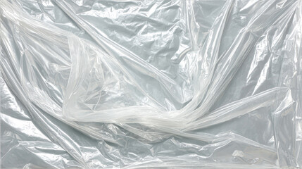 Poster - Translucent plastic wrap crumpling, forming dynamic abstract shapes with reflective, textured surface patterns