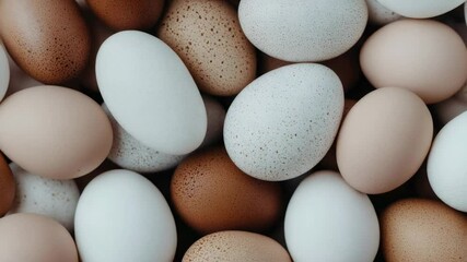 Poster - Organic brown and white chicken eggs displaying farm fresh quality, highlighting natural nutrition and wholesome culinary potential through rustic agricultural backdrop