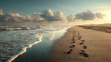 Wall Mural - a sandy beach with footprints in the sand and clouds in the sky over the water and on the beach is a