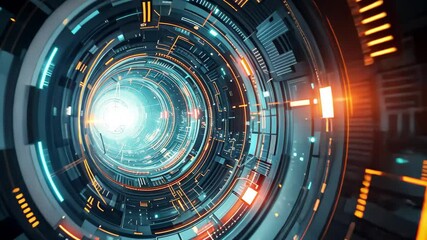 Aufkleber - Futuristic tunnel with glowing circuits and dynamic lights showcasing advanced technology in a captivating digital environment