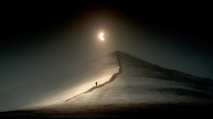 Wall Mural - a man on top of a snowy slope beneath a full moon in the dark sky, and a person below