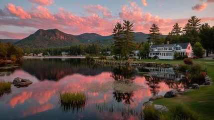 Wall Mural - a house rests beside a lake's edge, where distant sunset colors the sky and towering mountains frame