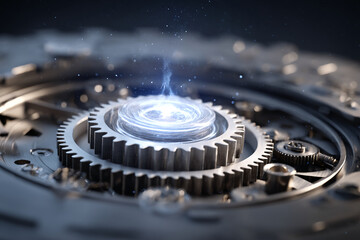 Fototapete - Close-up of metallic gears, central glowing element, showcasing intricate mechanism, symbolizing innovation, technology, and progress