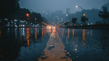 Wall Mural - a city street at night with reflective lights on the wet road and water surfaces