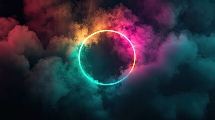 Leinwandbilder - Neon circle framed by colorful smoke.