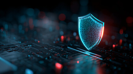 Poster - digital shield icon on circuit board, glowing blue and red, symbolizes cybersecurity, data protectio